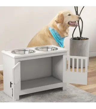 Comedero para Perro Elevado con 2 Cuencos de Acero Inoxidable 2x2 L con Almacenamiento 37 L y 2 Puertas con Pestillos Blanco