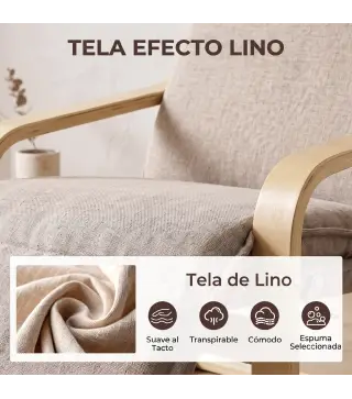 Butaca de Salón Tapizada en Lino con Reposapiés con Balanceo Suave Respaldo Alto Asiento Amplio Marrón Claro