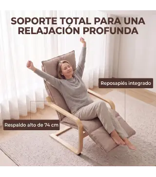 Butaca de Salón Tapizada en Lino con Reposapiés con Balanceo Suave Respaldo Alto Asiento Amplio Marrón Claro