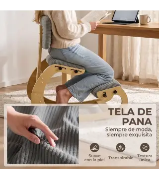 Silla de Rodillas Ergonómica con Respaldo Apoyo para Rodillas y Tapizado de Pana Gris