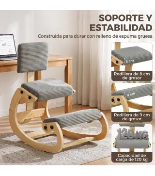 Silla de Rodillas Ergonómica con Respaldo Apoyo para Rodillas y Tapizado de Pana Gris