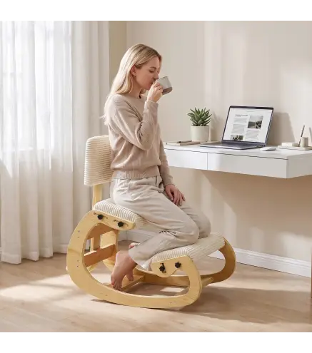 Silla de Rodillas Ergonómica con Respaldo Apoyo para Rodillas y Tapizado de Pana Crema