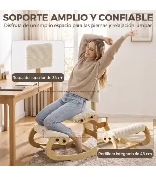 Silla de Rodillas Ergonómica con Respaldo Apoyo para Rodillas y Tapizado de Pana Crema
