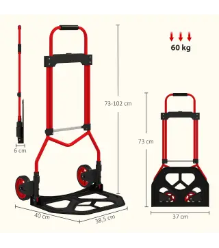 Carretilla Plegable con Mango Telescópico Ajustable Carga 60 kg Carretilla de Mano con Ruedas para Garaje Oficina Rojo