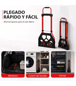 Carretilla Plegable con Mango Telescópico Ajustable Carga 60 kg Carretilla de Mano con Ruedas para Garaje Oficina Rojo