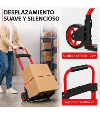 Carretilla Plegable con Mango Telescópico Ajustable Carga 60 kg Carretilla de Mano con Ruedas para Garaje Oficina Rojo