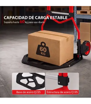 Carretilla Plegable con Mango Telescópico Ajustable Carga 60 kg Carretilla de Mano con Ruedas para Garaje Oficina Rojo