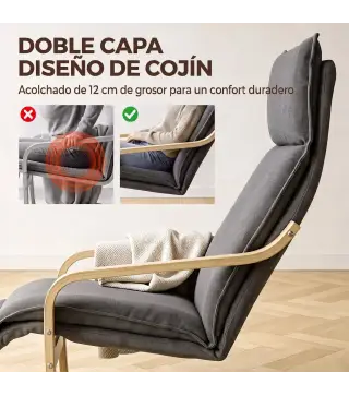 Butaca de Salón Tapizada en Lino con Reposapiés con Balanceo Suave Respaldo Alto Asiento Amplio Gris Oscuro