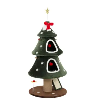 Árbol Rascador para Gatos 132 cm Diseño Navideño Torre de Felpa con 2 Casitas y Escalera de Sisal Verde