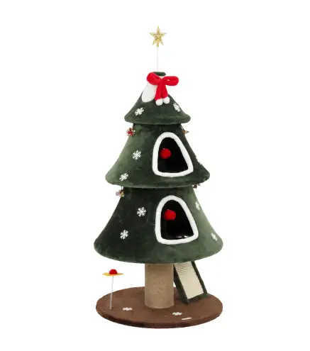Árbol Rascador para Gatos 132 cm Diseño Navideño Torre de Felpa con 2 Casitas y Escalera de Sisal Verde