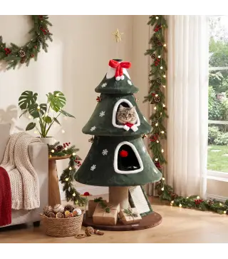Árbol Rascador para Gatos 132 cm Diseño Navideño Torre de Felpa con 2 Casitas y Escalera de Sisal Verde
