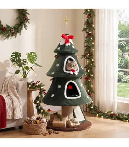 Árbol Rascador para Gatos 132 cm Diseño Navideño Torre de Felpa con 2 Casitas y Escalera de Sisal Verde