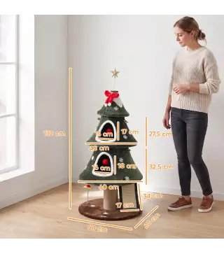 Árbol Rascador para Gatos 132 cm Diseño Navideño Torre de Felpa con 2 Casitas y Escalera de Sisal Verde