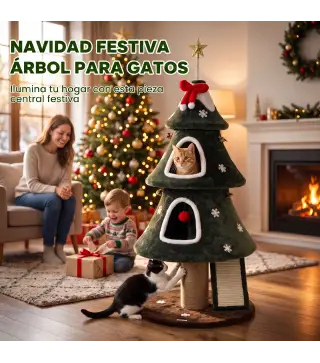 Árbol Rascador para Gatos 132 cm Diseño Navideño Torre de Felpa con 2 Casitas y Escalera de Sisal Verde