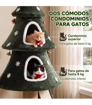 Árbol Rascador para Gatos 132 cm Diseño Navideño Torre de Felpa con 2 Casitas y Escalera de Sisal Verde