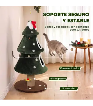 Árbol Rascador para Gatos 132 cm Diseño Navideño Torre de Felpa con 2 Casitas y Escalera de Sisal Verde