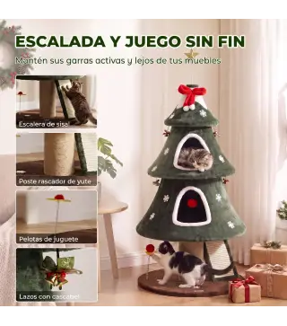 Árbol Rascador para Gatos 132 cm Diseño Navideño Torre de Felpa con 2 Casitas y Escalera de Sisal Verde