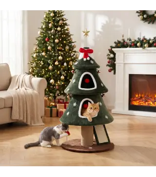 Árbol Rascador para Gatos 132 cm Diseño Navideño Torre de Felpa con 2 Casitas y Escalera de Sisal Verde