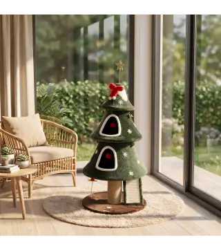 Árbol Rascador para Gatos 132 cm Diseño Navideño Torre de Felpa con 2 Casitas y Escalera de Sisal Verde