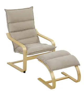 Sillón con Reposapiés Tapizado en Lino con Balanceo Suave Respaldo Alto Brazos y Patas de Madera Beige