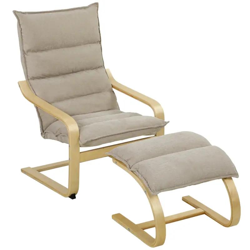 Sillón con Reposapiés Tapizado en Lino con Balanceo Suave Respaldo Alto Brazos y Patas de Madera Beige