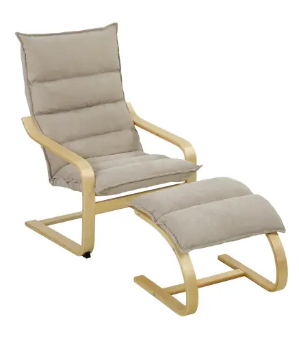 Sillón con Reposapiés Tapizado en Lino con Balanceo Suave Respaldo Alto Brazos y Patas de Madera Beige