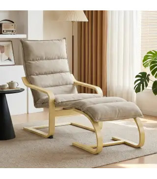 Sillón con Reposapiés Tapizado en Lino con Balanceo Suave Respaldo Alto Brazos y Patas de Madera Beige