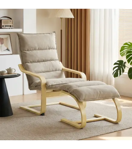 Sillón con Reposapiés Tapizado en Lino con Balanceo Suave Respaldo Alto Brazos y Patas de Madera Beige