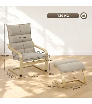 Sillón con Reposapiés Tapizado en Lino con Balanceo Suave Respaldo Alto Brazos y Patas de Madera Beige