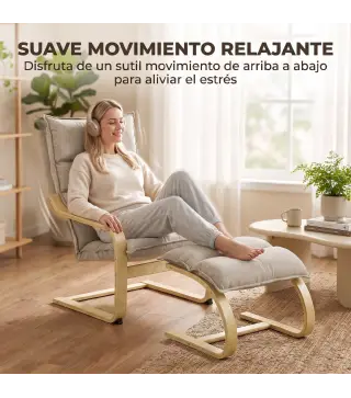 Sillón con Reposapiés Tapizado en Lino con Balanceo Suave Respaldo Alto Brazos y Patas de Madera Beige