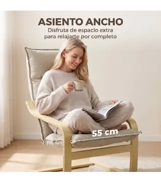 Sillón con Reposapiés Tapizado en Lino con Balanceo Suave Respaldo Alto Brazos y Patas de Madera Beige