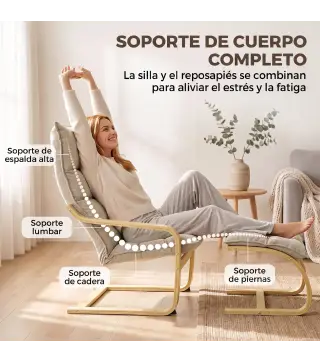 Sillón con Reposapiés Tapizado en Lino con Balanceo Suave Respaldo Alto Brazos y Patas de Madera Beige