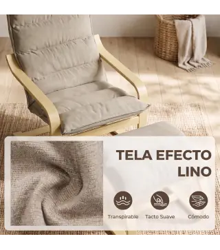 Sillón con Reposapiés Tapizado en Lino con Balanceo Suave Respaldo Alto Brazos y Patas de Madera Beige