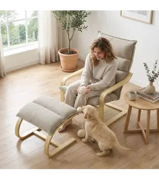 Sillón con Reposapiés Tapizado en Lino con Balanceo Suave Respaldo Alto Brazos y Patas de Madera Beige