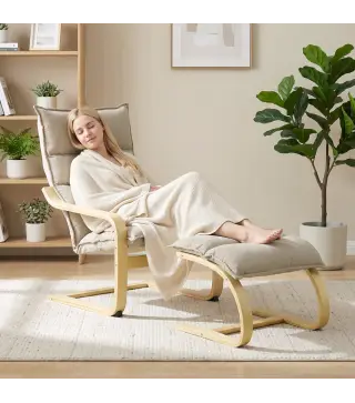 Sillón con Reposapiés Tapizado en Lino con Balanceo Suave Respaldo Alto Brazos y Patas de Madera Beige