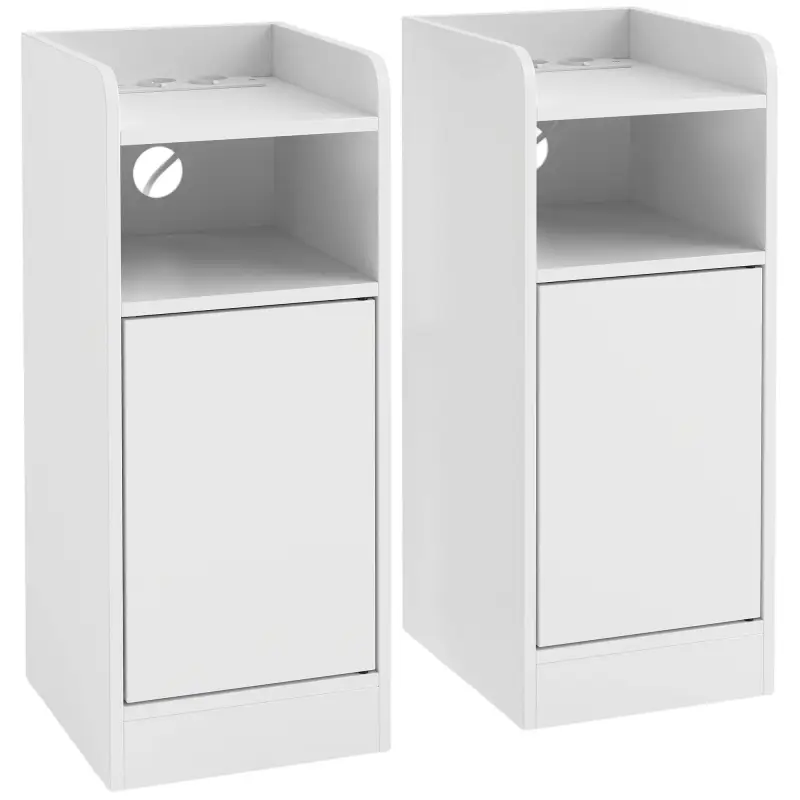 Juego de 2 Mesitas de Noche Estrechas con Estación de Carga Puerta Compartimento Abierto Estante Ajustable Blanco