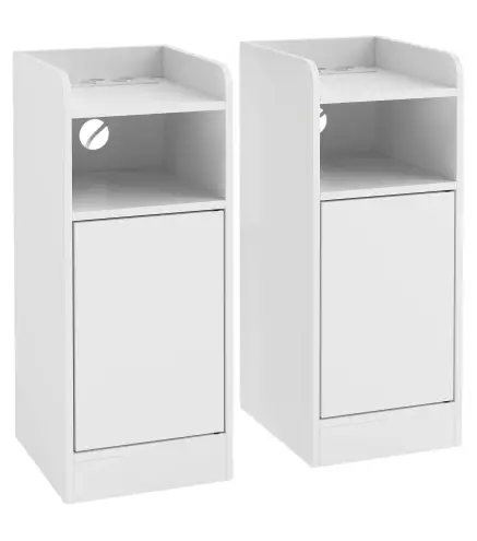 Juego de 2 Mesitas de Noche Estrechas con Estación de Carga Puerta Compartimento Abierto Estante Ajustable Blanco