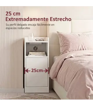 Juego de 2 Mesitas de Noche Estrechas con Estación de Carga Puerta Compartimento Abierto Estante Ajustable Blanco