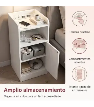 Juego de 2 Mesitas de Noche Estrechas con Estación de Carga Puerta Compartimento Abierto Estante Ajustable Blanco