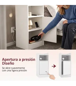 Juego de 2 Mesitas de Noche Estrechas con Estación de Carga Puerta Compartimento Abierto Estante Ajustable Blanco