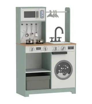 Cocina de Juguete de Madera con Lavandería Máquina de Hielo Cajón de Tela Perchas Accesorios de Acero Inoxidable Verde