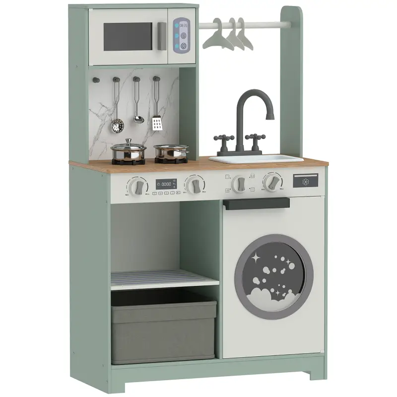 Cocina de Juguete de Madera con Lavandería Máquina de Hielo Cajón de Tela Perchas Accesorios de Acero Inoxidable Verde