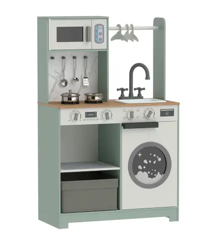 Cocina de Juguete de Madera con Lavandería Máquina de Hielo Cajón de Tela Perchas Accesorios de Acero Inoxidable Verde
