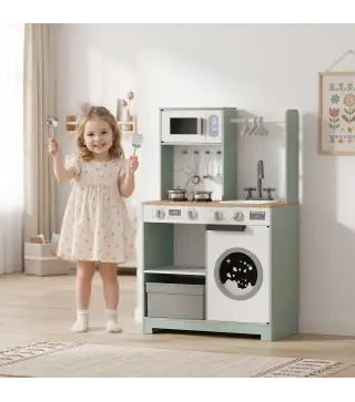 Cocina de Juguete de Madera con Lavandería Máquina de Hielo Cajón de Tela Perchas Accesorios de Acero Inoxidable Verde
