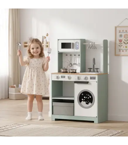 Cocina de Juguete de Madera con Lavandería Máquina de Hielo Cajón de Tela Perchas Accesorios de Acero Inoxidable Verde