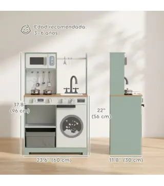 Cocina de Juguete de Madera con Lavandería Máquina de Hielo Cajón de Tela Perchas Accesorios de Acero Inoxidable Verde