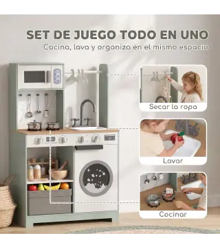 Cocina de Juguete de Madera con Lavandería Máquina de Hielo Cajón de Tela Perchas Accesorios de Acero Inoxidable Verde