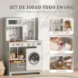 Cocina de Juguete de Madera con Lavandería Máquina de Hielo Cajón de Tela Perchas Accesorios de Acero Inoxidable Verde
