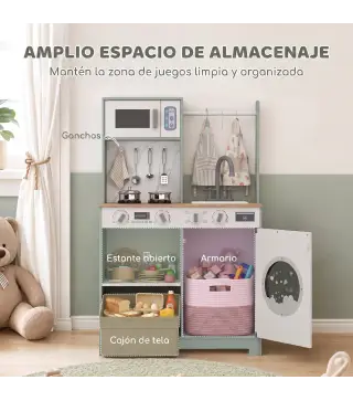 Cocina de Juguete de Madera con Lavandería Máquina de Hielo Cajón de Tela Perchas Accesorios de Acero Inoxidable Verde