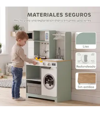 Cocina de Juguete de Madera con Lavandería Máquina de Hielo Cajón de Tela Perchas Accesorios de Acero Inoxidable Verde
